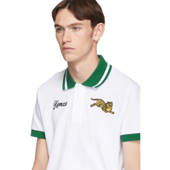 Kenzo Mens Polo Shirt XL Jumping Tiger Embroidered Patch Sporty Streetwear White